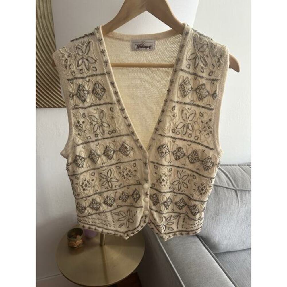 Vtg Cream Sweater Vest Beads Embroidered Flowers Grandma M/L - Picture 1 of 11